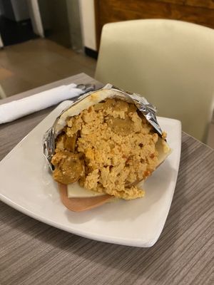 Scrambled tofu in arepa  at Marvelous Vegan Plant Power Food in Bogota