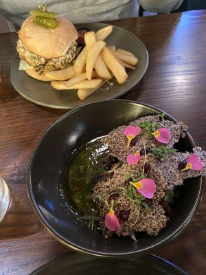 Vegan burger and black bean, celery and capsicum salad with quinoa crackers   at Soul Quarter in Christchurch