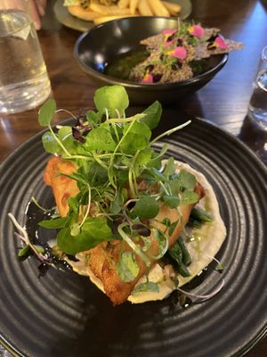 Stuffed potato with celeriac, chipotle and cashew cream, salsa and green beans   at Soul Quarter in Christchurch