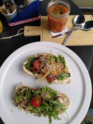 Tomato soup, smorrebrod with mushrooms and one with smokey tempeh at Fika in Nijmegen