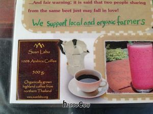 menu - organic coffee at Beetroot Stories Cafe in Chiang Mai