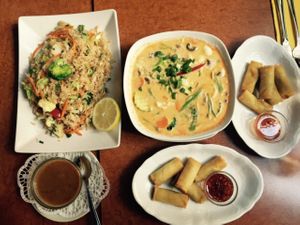 Variety of spring rolls, soup and fried rice at Siam Thailandisches Spezialitaten in Saarbrucken