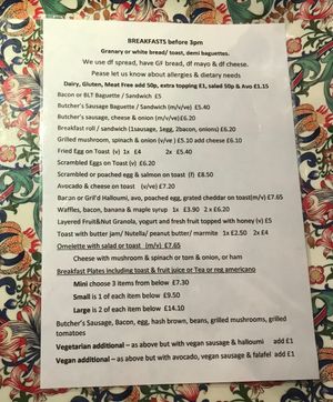 Breakfast menu at Little Bean Cafe in Billingshurst