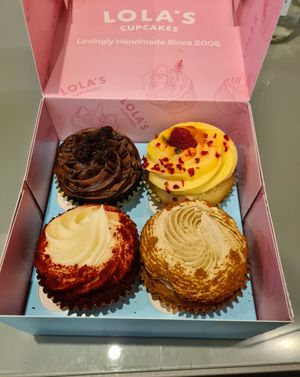 Vegan Chocolate, Vegan Caramel Biscuit, Vegan Raspberry & Passion Fruit, Vegan Red Velvet at Lola's Cupcakes - Tottenham Court Rd in London