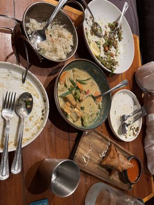 It was really delicious. Coconut rice, tea leaf salad, coconut curry with tofu, and samusas    at Rangoon Burmese Kitchen in Honolulu