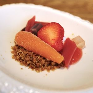 Carrot sorbet with strawberry and rhubarb at Aurora in Edinburgh