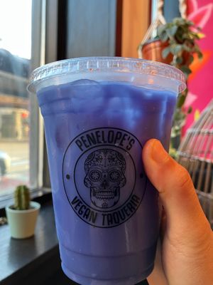 Butterfly pea horchata at Penelope's Vegan Taqueria in Chicago
