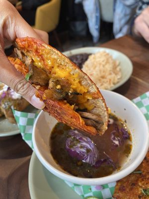 Vegan cheese and mushrooms, birria  at Penelope's Vegan Taqueria in Chicago
