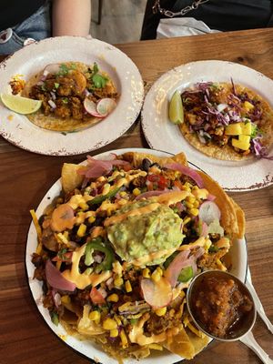 Tacos and nachos. The chips were very very good    at Penelope's Vegan Taqueria in Chicago