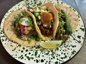Al pastor, chorizo, chimichurri (Serrano hot af)  at Penelope's Vegan Taqueria in Chicago