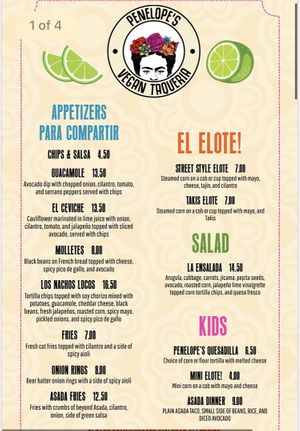 Menu page 1  at Penelope's Vegan Taqueria in Chicago