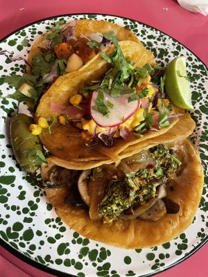 Cauliflower el pastor, baja, mushroom chimichurri  at Penelope's Vegan Taqueria in Chicago