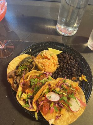 Left to right: Mushroom chimichurri, cauliflower al pastor, baja taco  at Penelope's Vegan Taqueria in Chicago