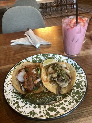 Tacos and dragonfruit strawberry horchata  at Penelope's Vegan Taqueria in Chicago