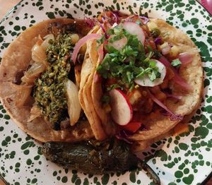 mushroom chimichurri and baja tacos at Penelope's Vegan Taqueria in Chicago
