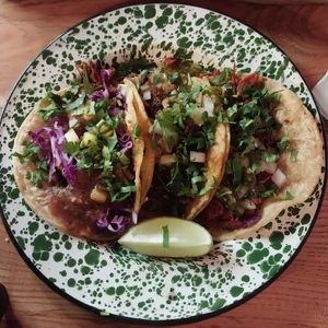 soy al pastor, asada, and barbacoa tacos at Penelope's Vegan Taqueria in Chicago