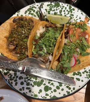 Mushroom Chimichurri, Asada, & Soy Chorizo Tacos  at Penelope's Vegan Taqueria in Chicago