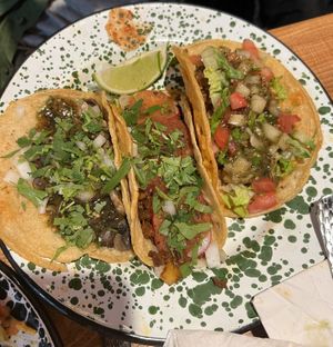 Mushroom, Soy Chorizo, & Chunky Quesa Tacos  at Penelope's Vegan Taqueria in Chicago
