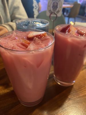 Strawberry dragon fruit horchata and butterfly pea flower horchataa  at Penelope's Vegan Taqueria in Chicago
