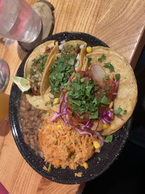 Tacos with jackfruit, beyond meat, and fried avocado   at Penelope's Vegan Taqueria in Chicago