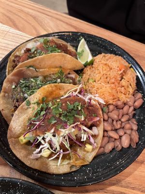 (L to R) chorizo, asada, al pastor   at Penelope's Vegan Taqueria in Chicago