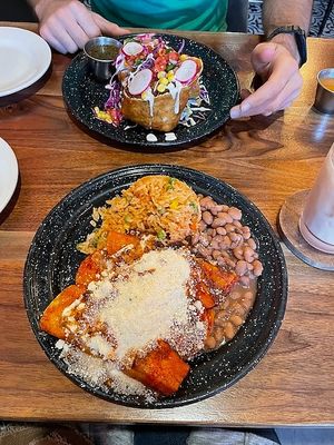 Chimichanga (back) and enchilada (front) at Penelope's Vegan Taqueria in Chicago