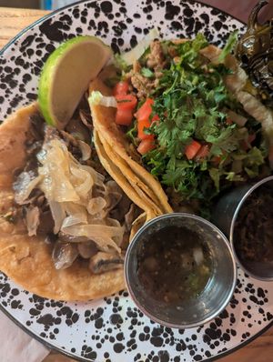Tacos (mushroom chimichurri/ chunky quesa taco) at Penelope's Vegan Taqueria in Chicago