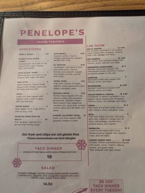 Menu at Penelope's Vegan Taqueria in Chicago