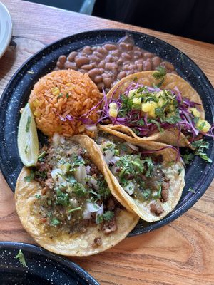 Carnitas , asada and pastor tacos   at Penelope's Vegan Taqueria in Chicago