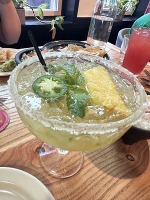 Pineapple jalapeño margarita and watermelon aqua fresca  at Penelope's Vegan Taqueria in Chicago
