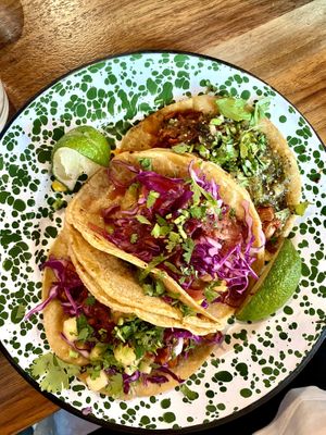 Soya Al pastor, Baja, and barbacoa. Barbacoa had great flavor but was falling apart with only one tortilla    at Penelope's Vegan Taqueria in Chicago