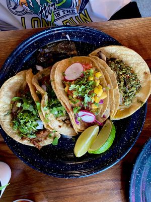 Carnitas, asada, Baja, and mushroom chimichurri    at Penelope's Vegan Taqueria in Chicago