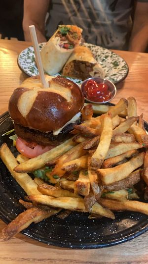 Burrito and mexi burger so good!  at Penelope's Vegan Taqueria in Chicago