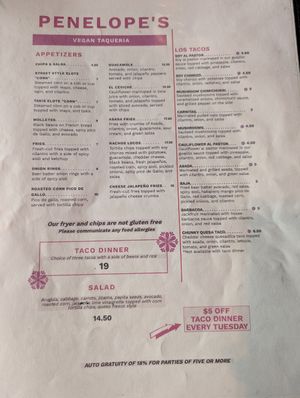 Menu at Penelope's Vegan Taqueria in Chicago