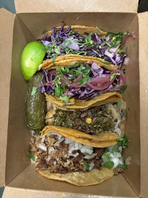 From top, cauliflower al pastor,baja, chimichurri mushroom and asada tacos  at Penelope's Vegan Taqueria in Chicago