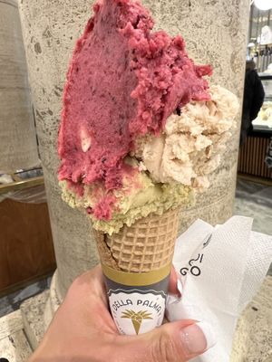 Fruit bosco, hazelnut, pistacchio in a vegan cone    at Gelateria Della Palma in Rome