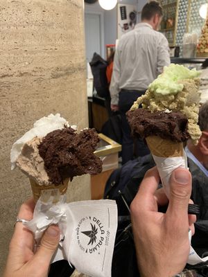 Hazelnut, coconut and Madagascar chocolate as well as pistachio, green apple and extra dark chocolate   at Gelateria Della Palma in Rome