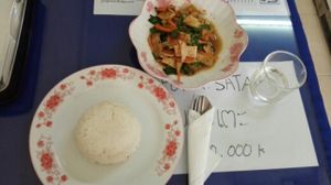 tofu stir fry with basil and rice at Reunion Cafe in Vientiane