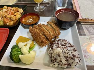 Fried chicken meal   at Reunion Cafe in Vientiane