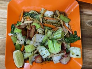 Stir-fried yellow noodles with red pork, 50,000 kip  at Reunion Cafe in Vientiane