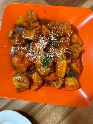 Sweet and Sour Tofu. Superb. Courgette Pineapple and Tomato and a nice Sauce    at Reunion Cafe in Vientiane