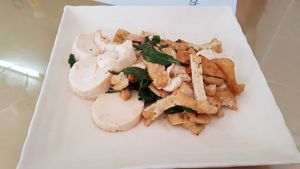 Fried tofu with basil leafs at Reunion Cafe in Vientiane