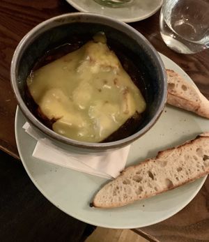 Veganised French onion soup  at Cote in Brighton