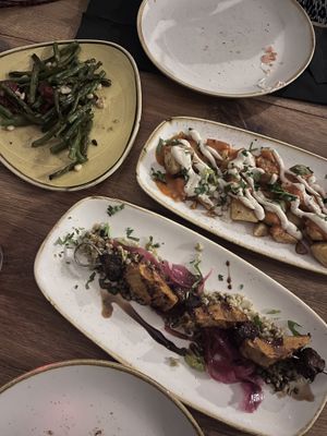 Patatas Bravas, judías verdes and brocheta de pollo y chorizo vegano     at Ambiente Tapas - Goodramgate in York