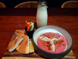 Beet hummus. Needs more veggies and bread (softer) at Foxtrot Bistro in Koh Samui