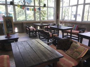 Inside and outside seating  at Cafe Karma in Rishikesh