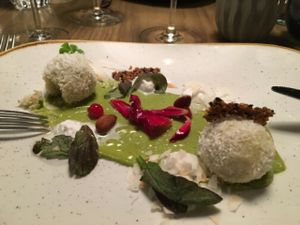 Polenta coco balls - avocado emulsion at Kopps in Berlin