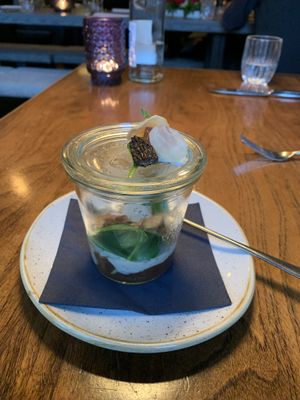 Cream of morel mushrooms with spinach and crispy topinambour.  at Kopps in Berlin