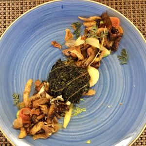 Chanterelle with potatos, king oyster, savoy, carrot, onion at Kopps in Berlin