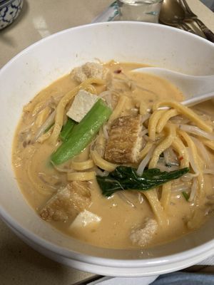 Laksa with soy chicken and tofu  at Blossoming Lotus in Greenway